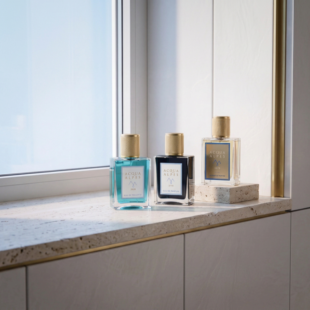 ACQUA ALPES 2828 m · Pirchkogel · Eau de Toilette, 3770 m · Wildspitze · Eau de Parfum und 4478 m · Matterhorn · Extrait de Parfum auf hellem Travertin