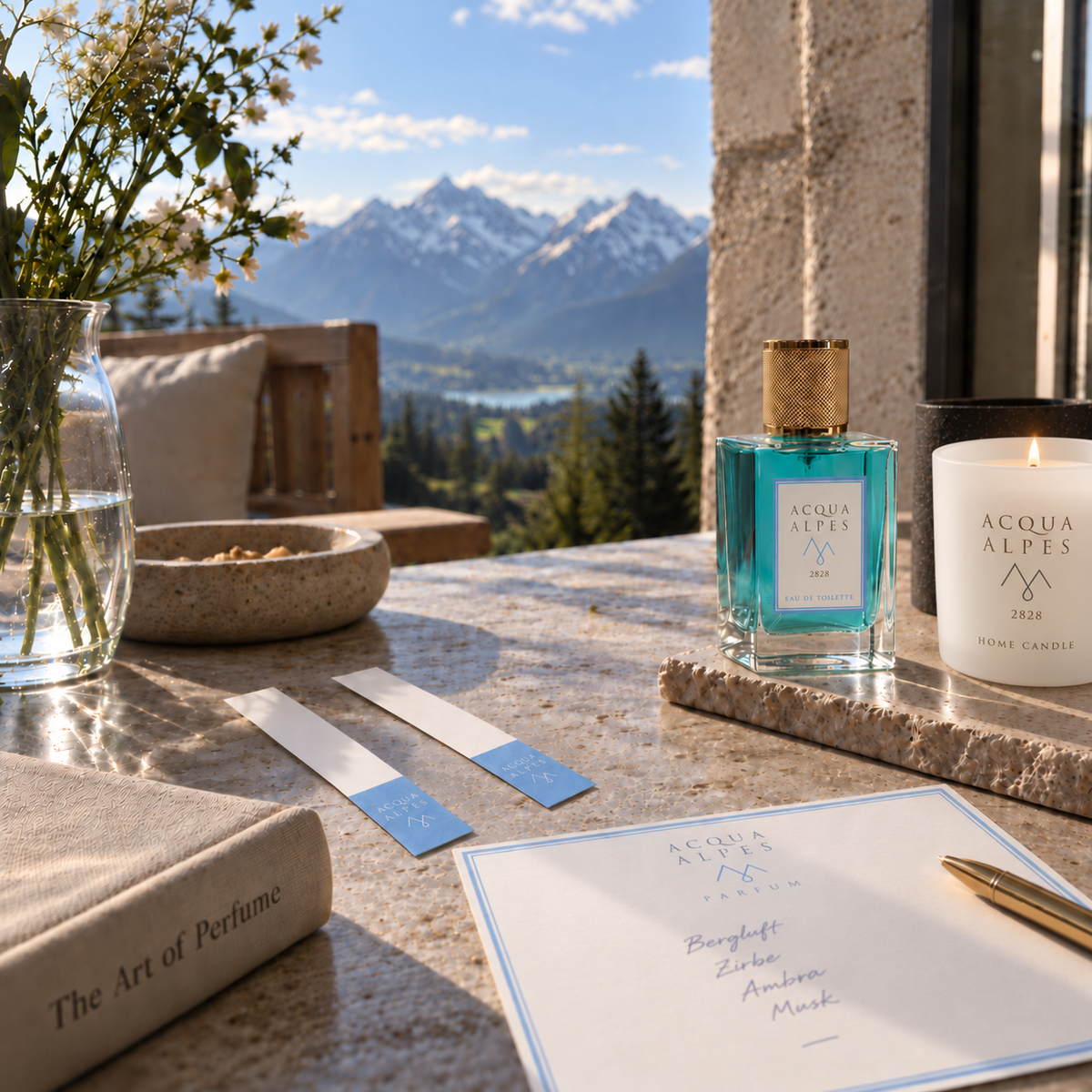 عطر ACQUA ALPES 2828 Eau de Toilette وشمعة Home Candle مع شريطي اختبار عطر وبطاقة عطرية تحمل هوية العلامة أمام خلفية ألبية.