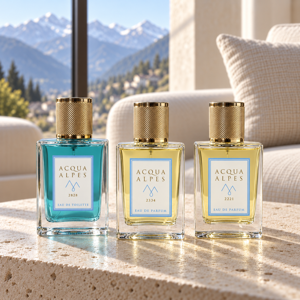 عطور ACQUA ALPES: ‏2828 m · Pirchkogel · Eau de Toilette و2334 m · Hafelekar · Eau de Parfum و2221 m · Seefelder Spitze · Eau de Parfum على طاولة من الحجر الفاتح في صالون بأجواء جبال الألب