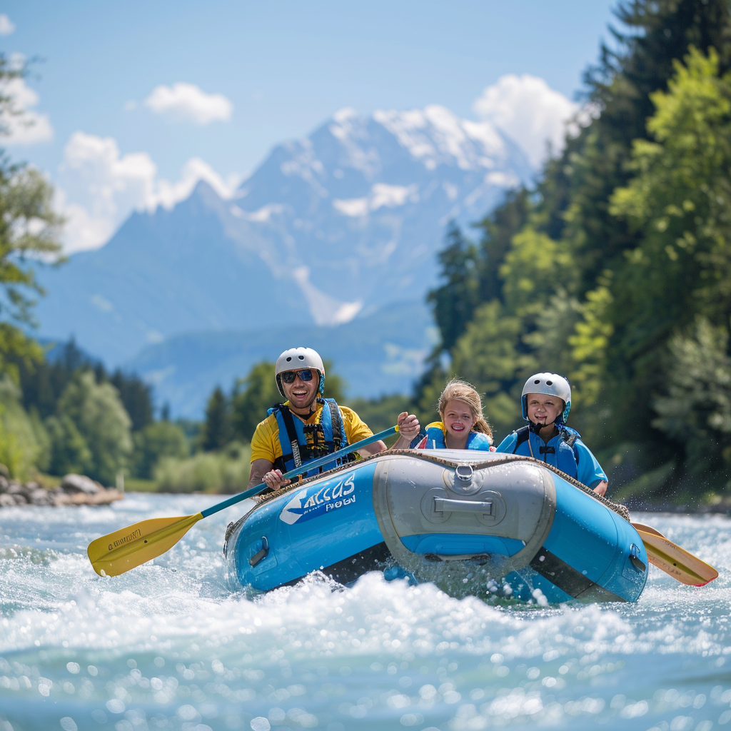 Family rafting in the Austrian Alps, navigating rapids with mountains and lush greenery in the background.