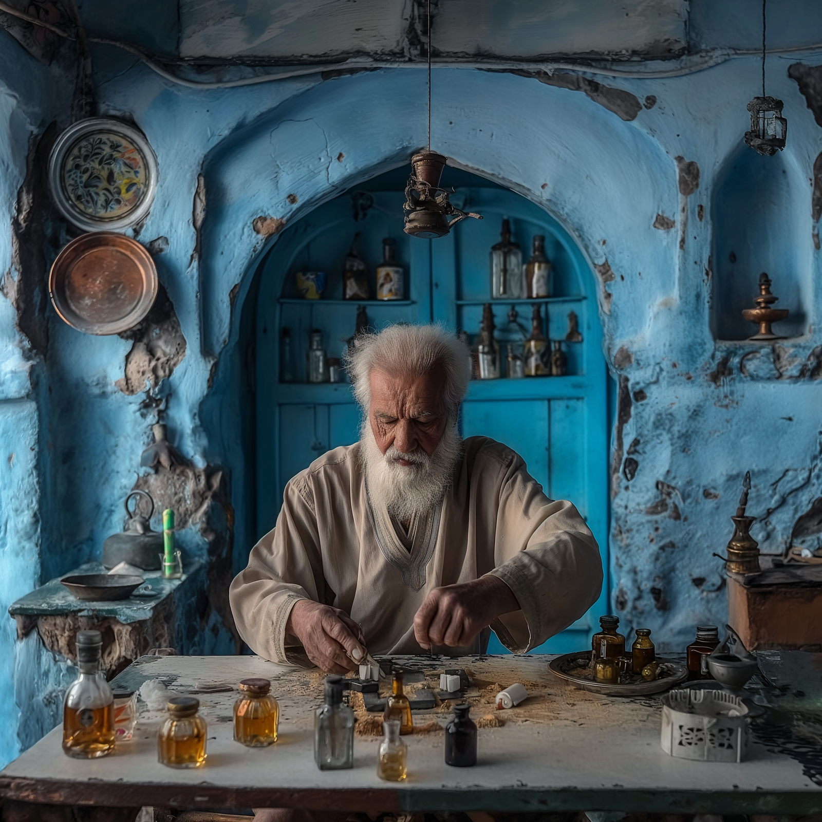 Älterer Mann bei der traditionellen Parfumherstellung – umgeben von Fläschchen und Ingredienzen in historischer Duftwerkstatt